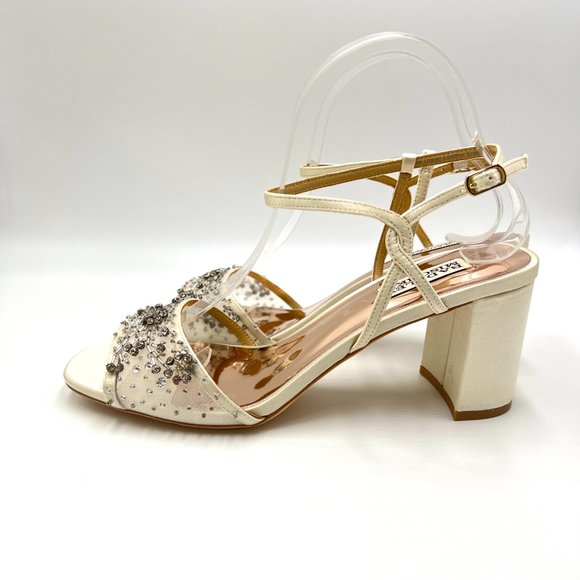 Badgley Mischka Size 8.5 Blaine Ivory Satin Jeweled Dress Sandals Heels Shoes - Picture 6 of 12